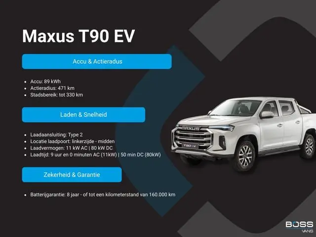 Maxus T90 EV 89 kWh 177PK 100% Elektrisch Pickup 471km WLTP Climate Control Cruise Control Carplay P...