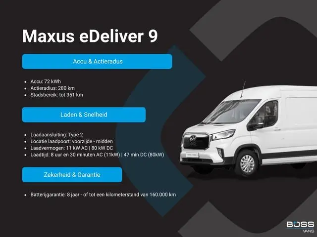 Maxus eDeliver 9 72 kWh 204PK L2H2 280km WLTP Snelladen LED Carplay Cruise control Camera Airco Park...