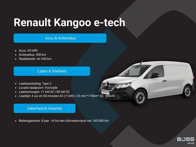 Renault Kangoo E-Tech 45kWh 122PK Elektrisch L1 300km WLTP 98.6% (SOH) 80kW Snelladen Climate Contro...