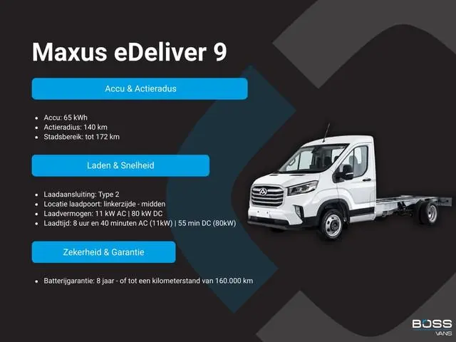 Maxus eDeliver 9 65kWh 204PK Elektrisch Bakwagen met achterdeuren Airco ACC Carplay Camera Parkeerse...