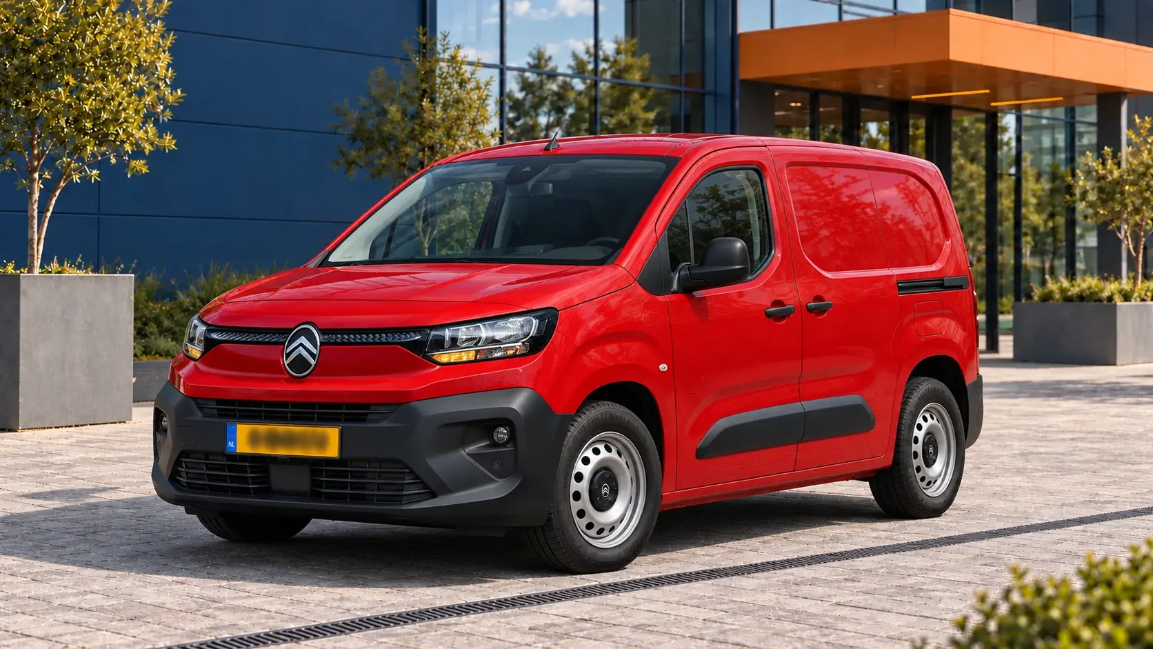 Rode Citroën ë-Berlingo Van met gesloten laadruimte, schuin van voren