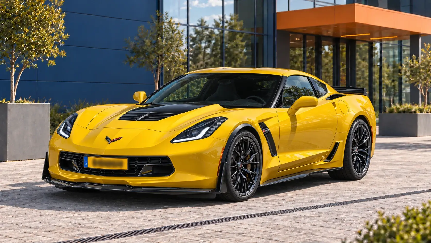 Gele Corvette C7 Z06 Coupé, schuin van voren
