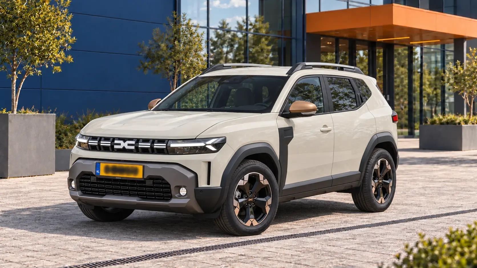Lichtbeige Dacia Duster van de derde generatie, schuin van voren
