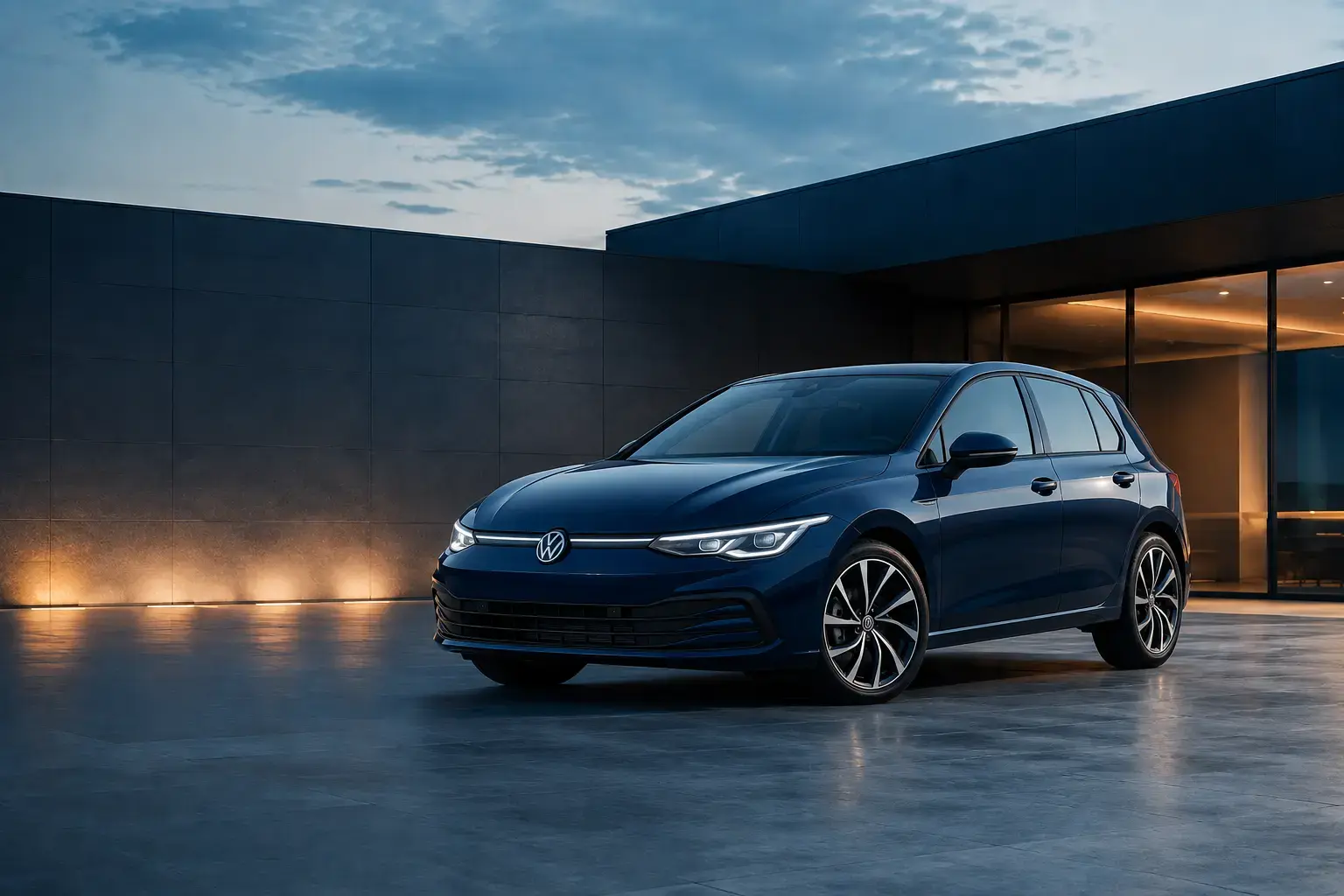 Donkerblauwe Volkswagen Golf bij zakelijke financial lease voor ondernemers