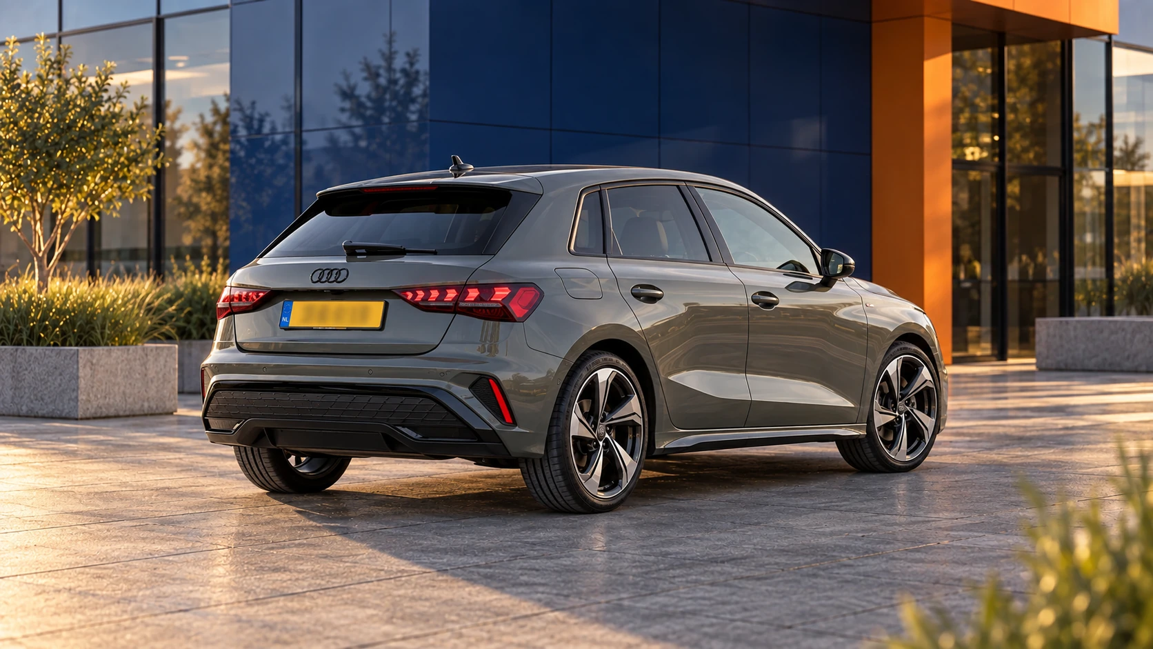 Grijze Audi A3 Sportback schuin van achteren met zicht op de vijfde deur