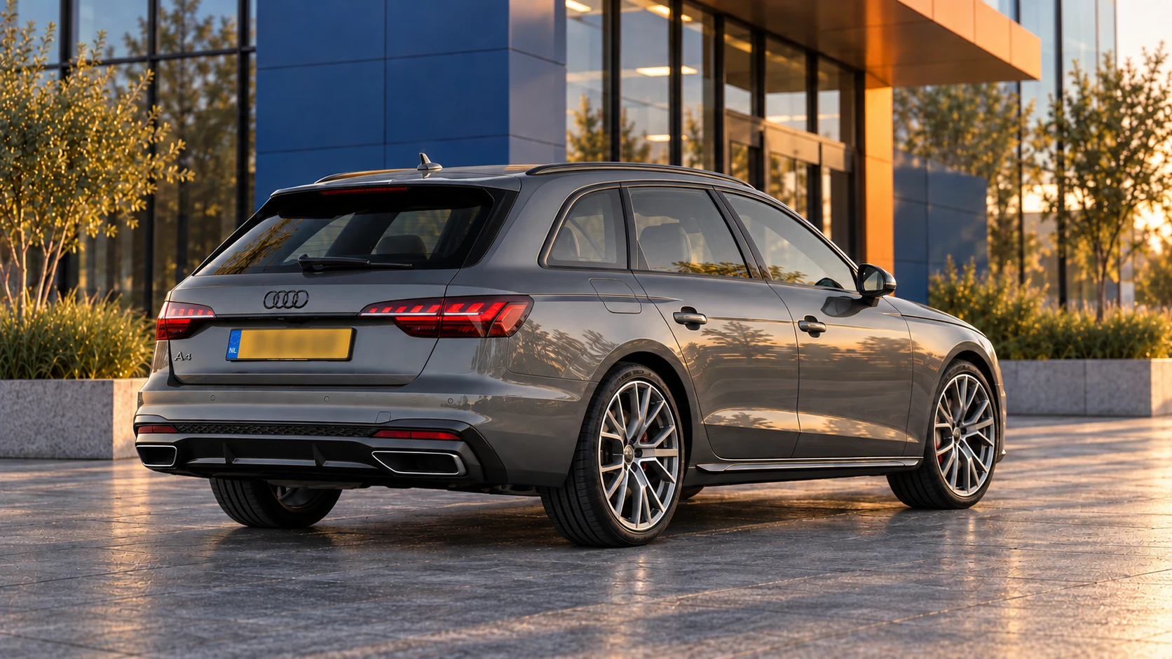 Audi A4 Avant in grijs, schuin van achteren met zicht op de stationwagencarrosserie