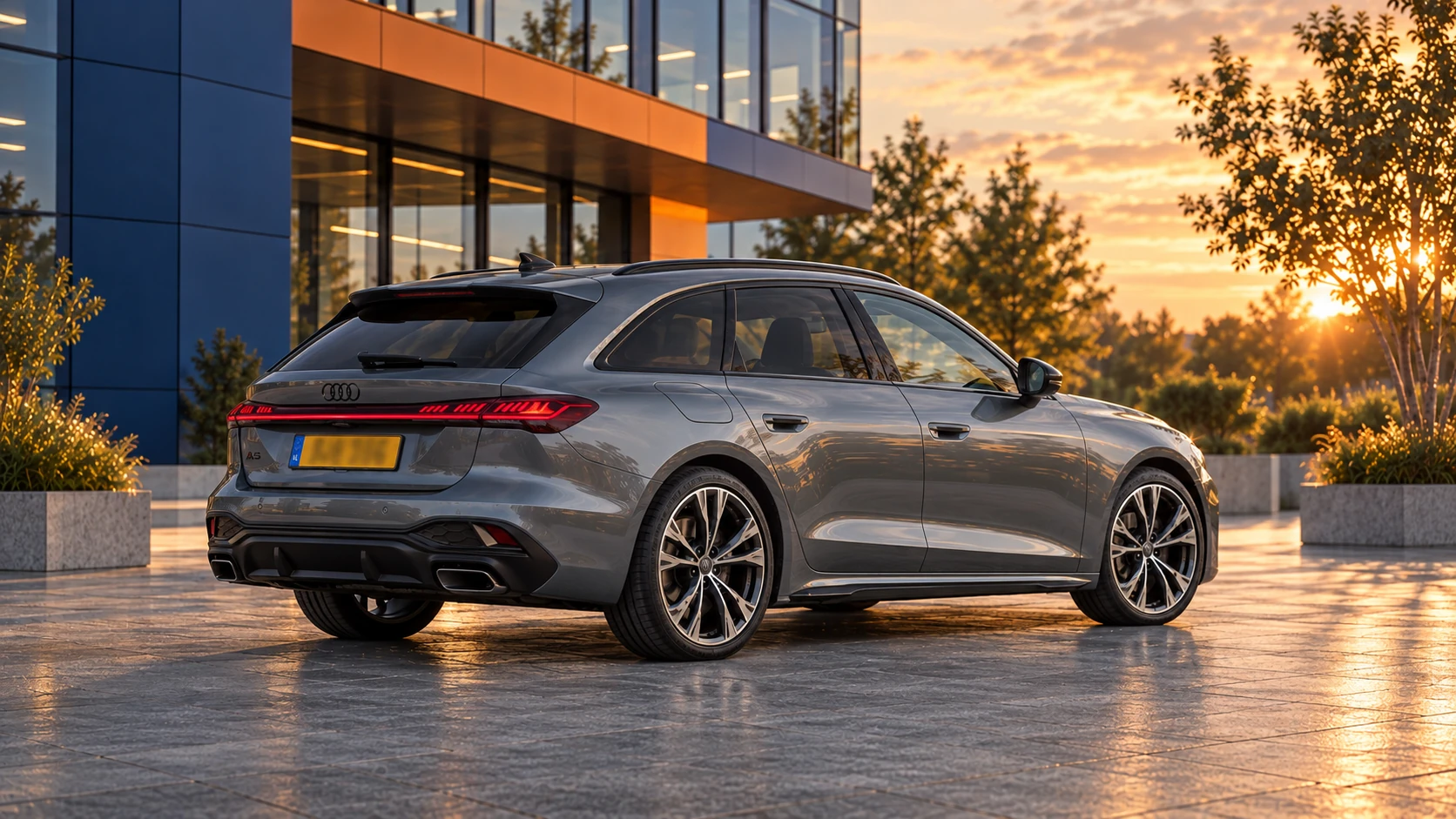 Grijze Audi A5 Avant van de nieuwe generatie schuin van achteren met zicht op de achterklep