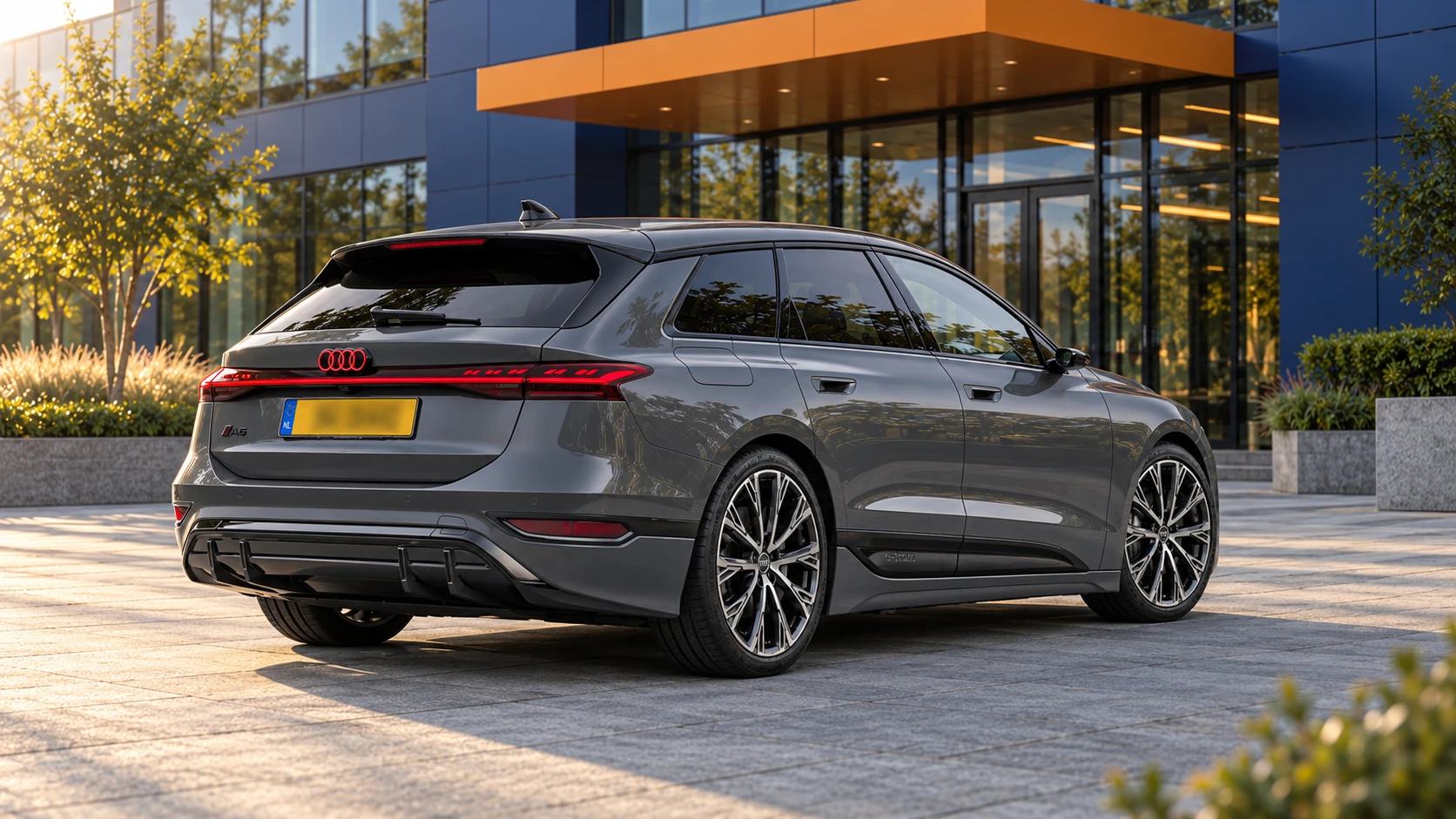 Grijze Audi A6 Avant e-tron van de elektrische A6-familie vanaf 2024, schuin van achteren met gele Nederlandse kentekenplaat