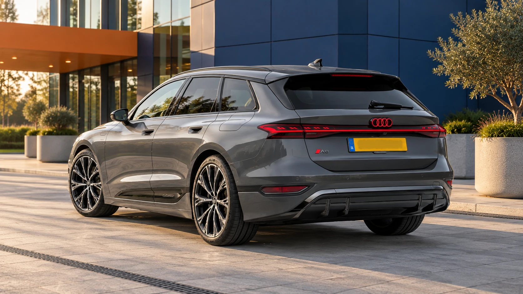Grijze Audi A6 Avant e-tron vanaf 2024, gewone elektrische stationwagen schuin van achteren met gele Nederlandse kentekenplaat