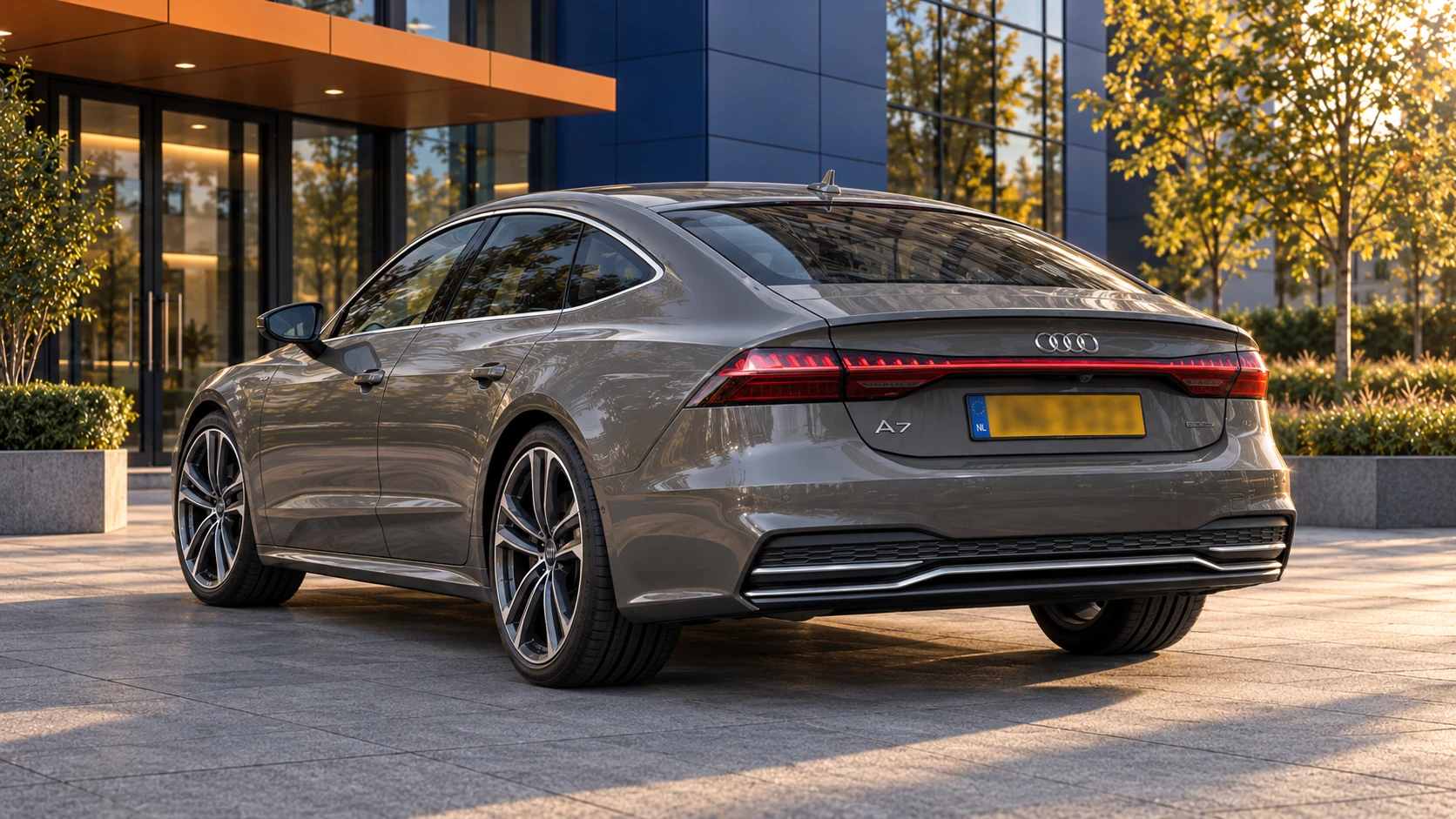 Audi A7 Sportback van de tweede generatie, van schuin achteren met lage daklijn en brede achterklep