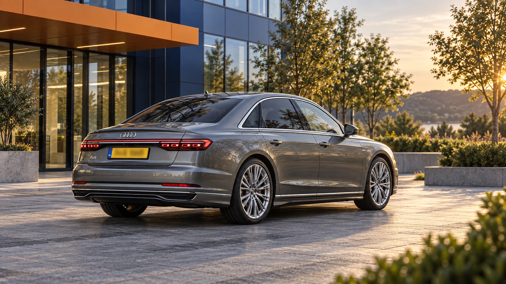 Audi A8 van de D5-generatie met facelift, schuin van achteren met zicht op de sedancarrosserie