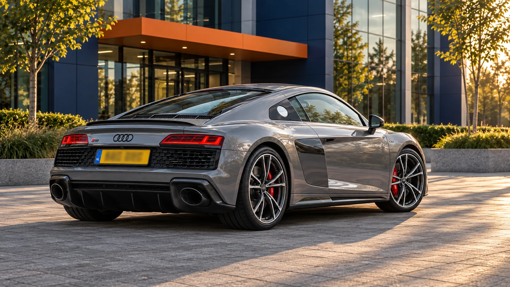 Achterzijde van een grijze Audi R8 V10 performance RWD Coup&eacute; met grote ovale uitlaatopeningen