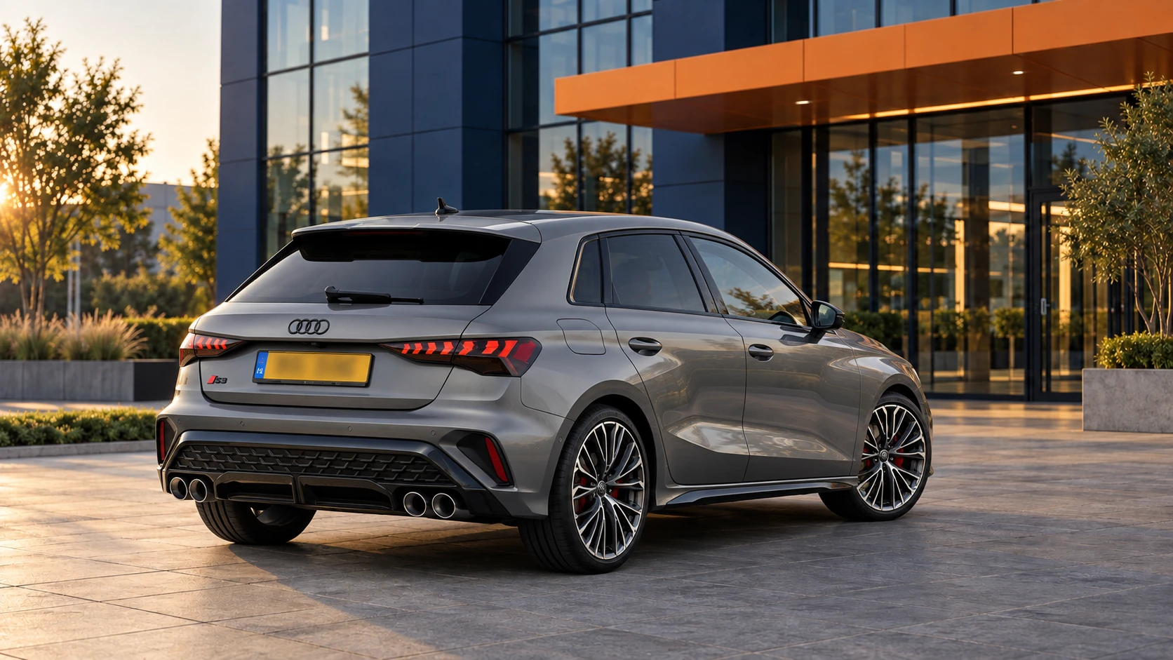 Achterzijde van een grijze Audi S3 Sportback met facelift vanaf 2024 en vier ronde uitlaatpijpen