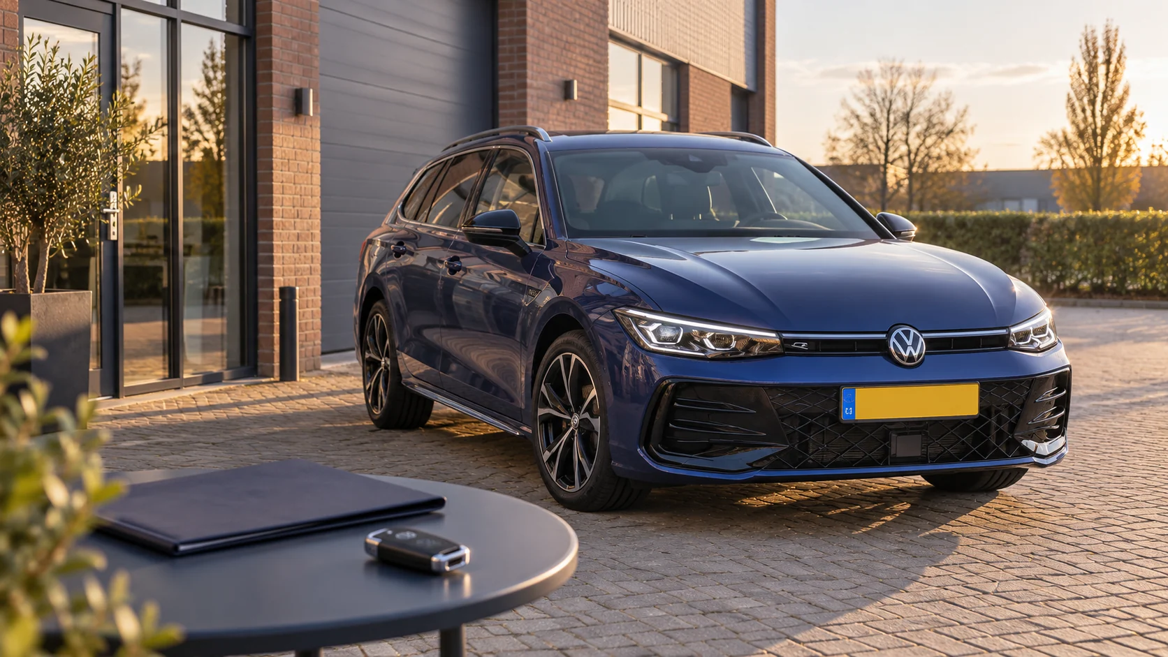 Illustratieve Volkswagen Passat Variant bij een bedrijfsgebouw met autosleutel