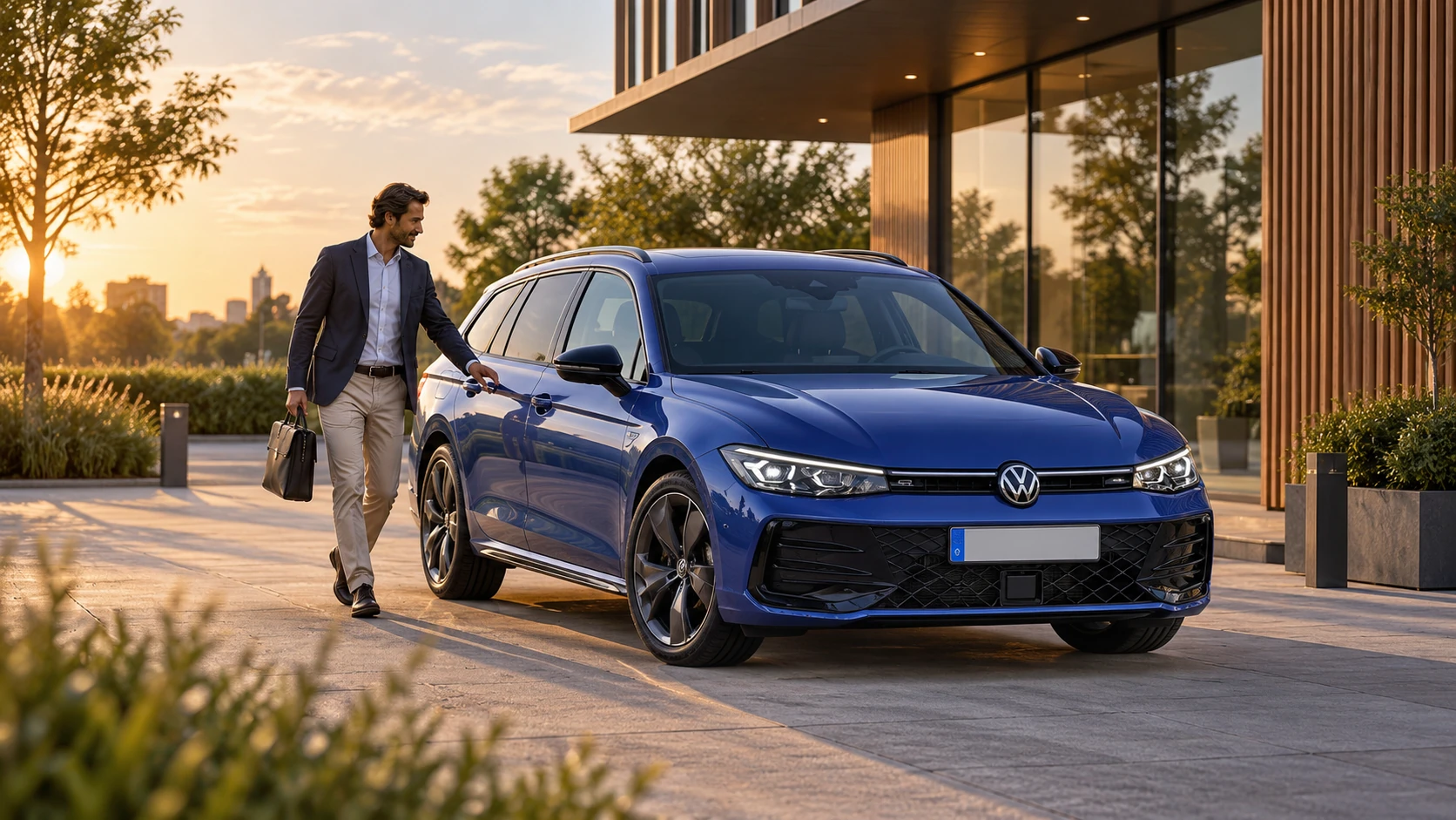 AI-sfeerbeeld van een ondernemer die naar een Volkswagen Passat Variant loopt.