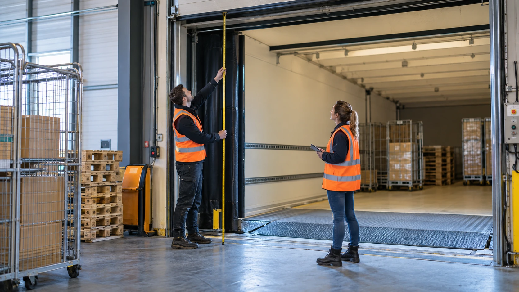 AI-sfeerbeeld van twee medewerkers die de vrije laadhoogte bij een magazijn controleren.