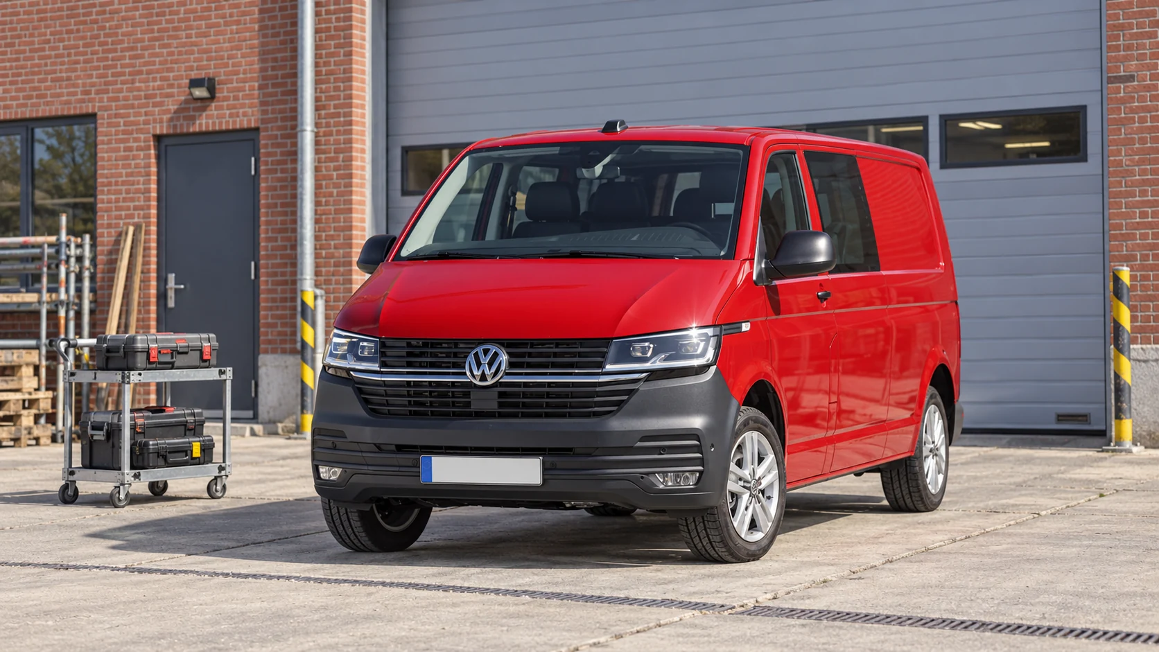 AI-sfeerbeeld van een Volkswagen Transporter T6.1 met lange wielbasis bij een werkplaats; geen actuele voorraadaanbieding
