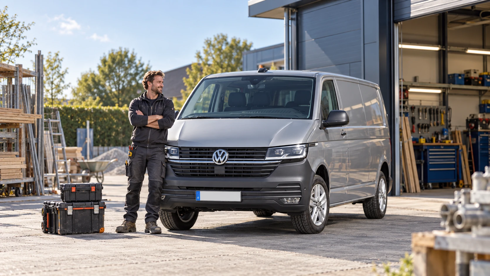 AI-sfeerbeeld van een zelfstandige met werkkoffer naast een Volkswagen Transporter T6.1.