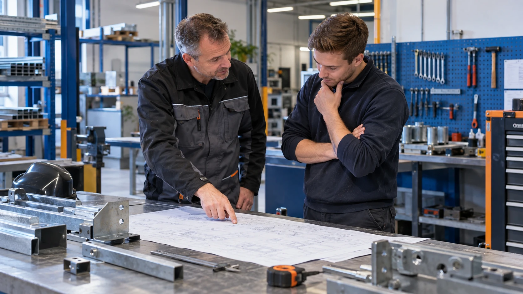 AI-sfeerbeeld van twee werkvoorbereiders die een constructietekening in een werkplaats bekijken.