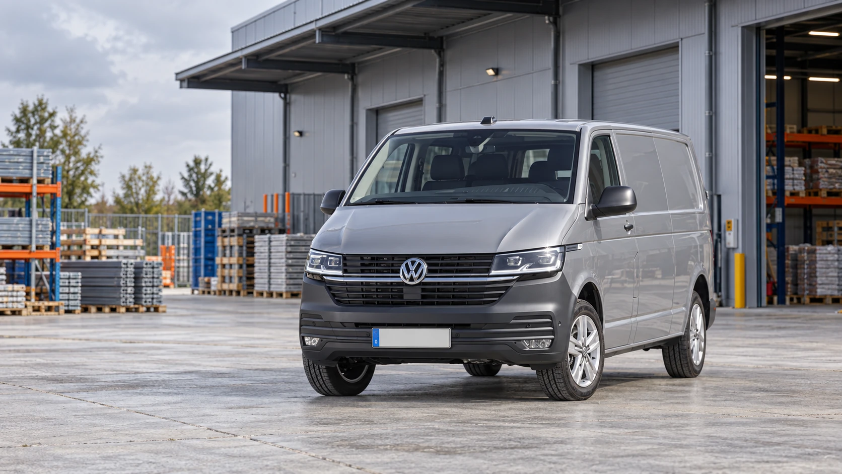 AI-sfeerbeeld van een Volkswagen Transporter T6.1 op een magazijnwerkplein.