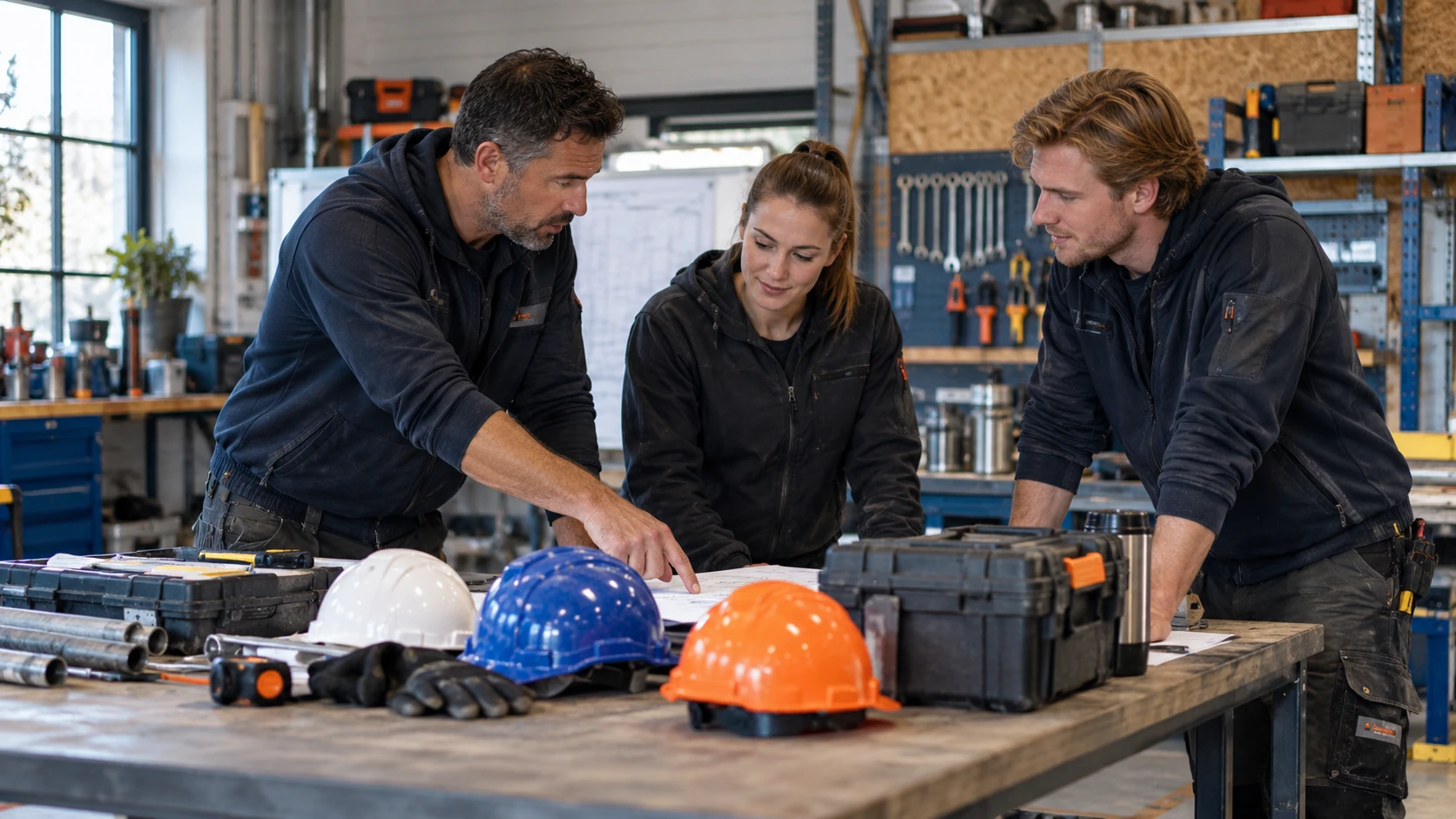 AI-sfeerbeeld van drie vakmensen die een gezamenlijke werkdag voorbereiden.