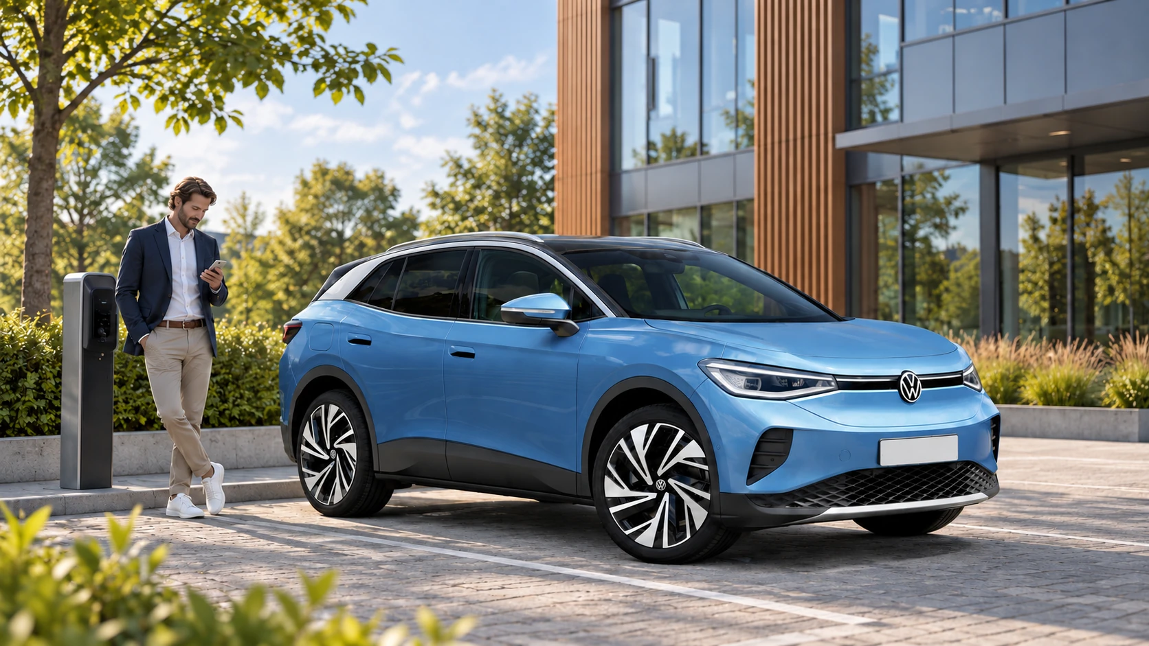 AI-sfeerbeeld van een Volkswagen ID.4 en een ondernemer bij een zakelijk laadpunt.