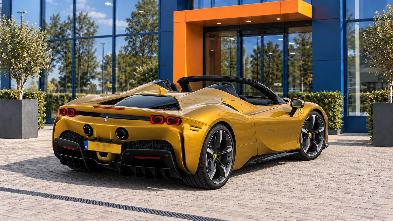 Achterzijde van dezelfde goudgele Ferrari SF90 Spider met geopend dak