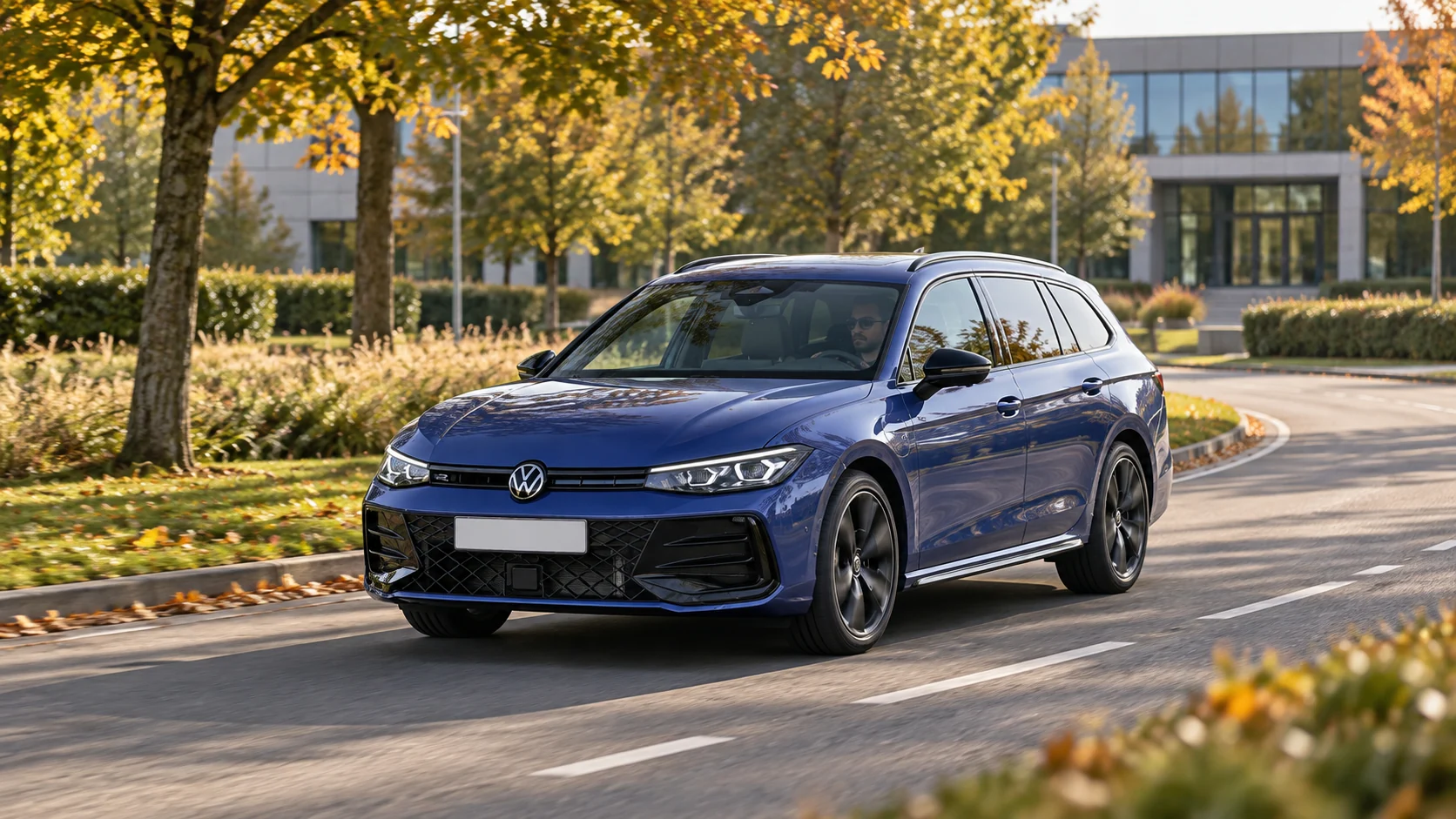 AI-sfeerbeeld van een Volkswagen Passat Variant B9 R-Line op een groene stadsrandroute.