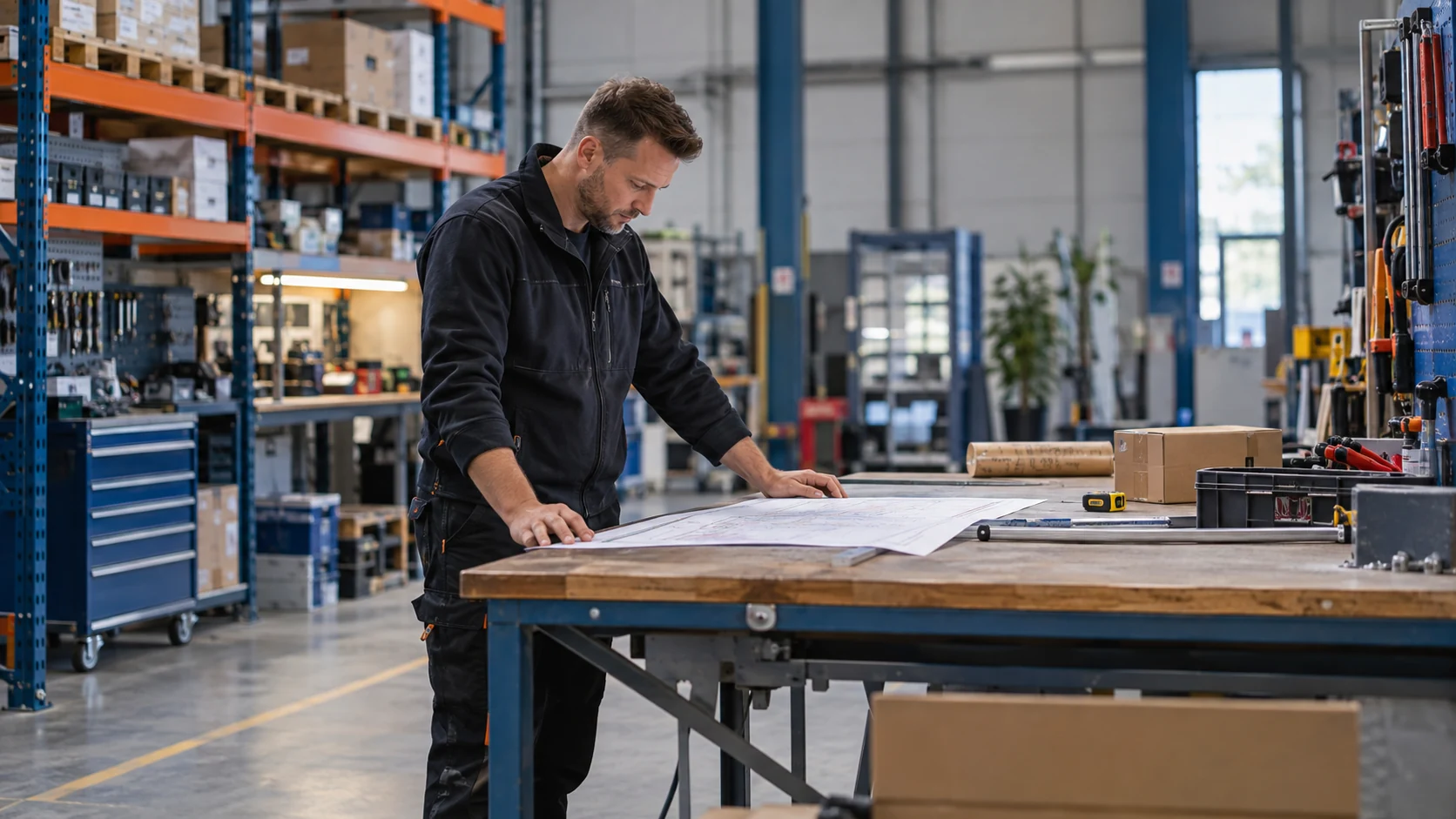AI-sfeerbeeld van een werkvoorbereider die een inzetplan in een werkplaats bekijkt.