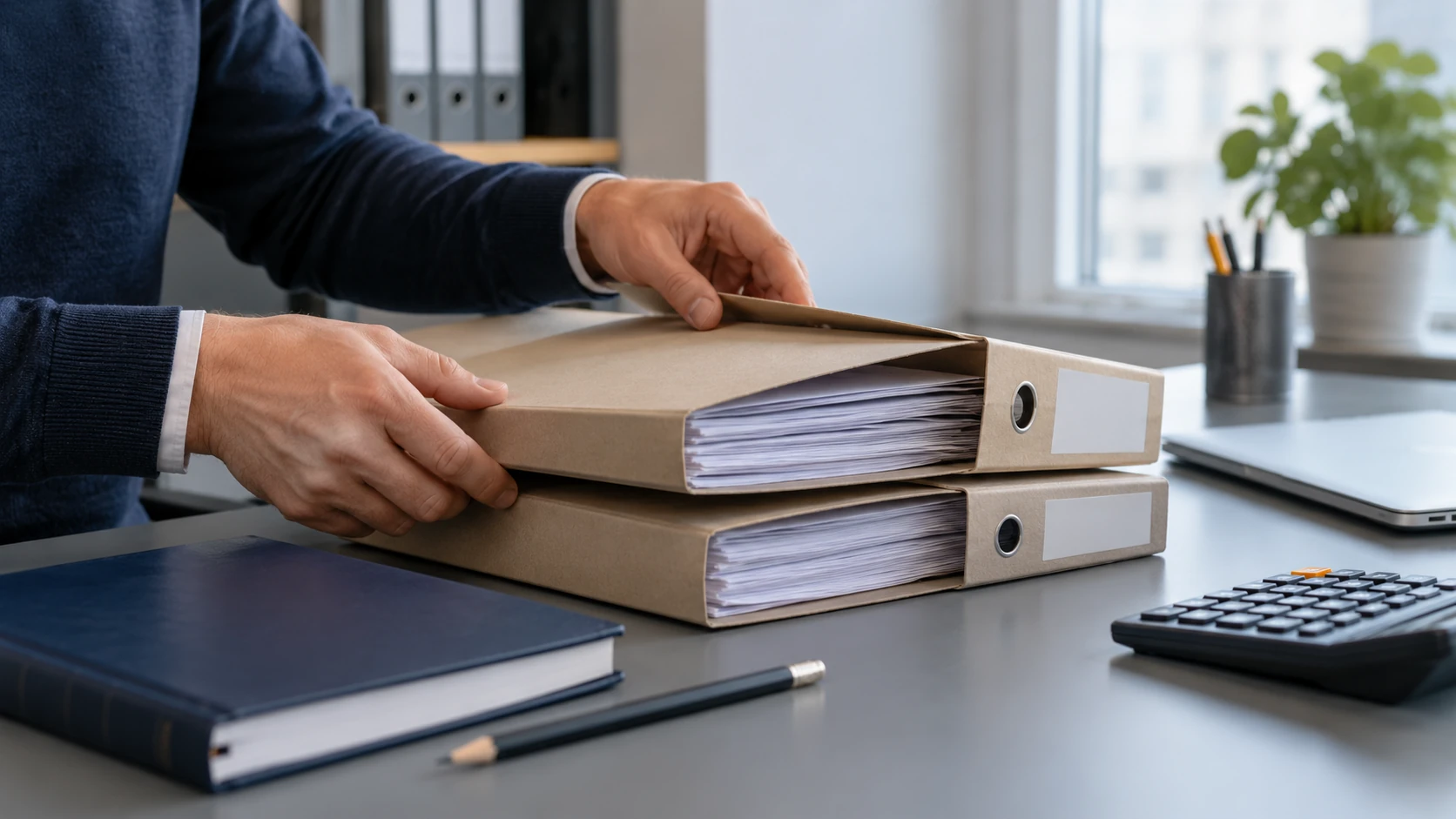AI-illustratie van een boekhoudkundige werkplek met afzonderlijke dossiers