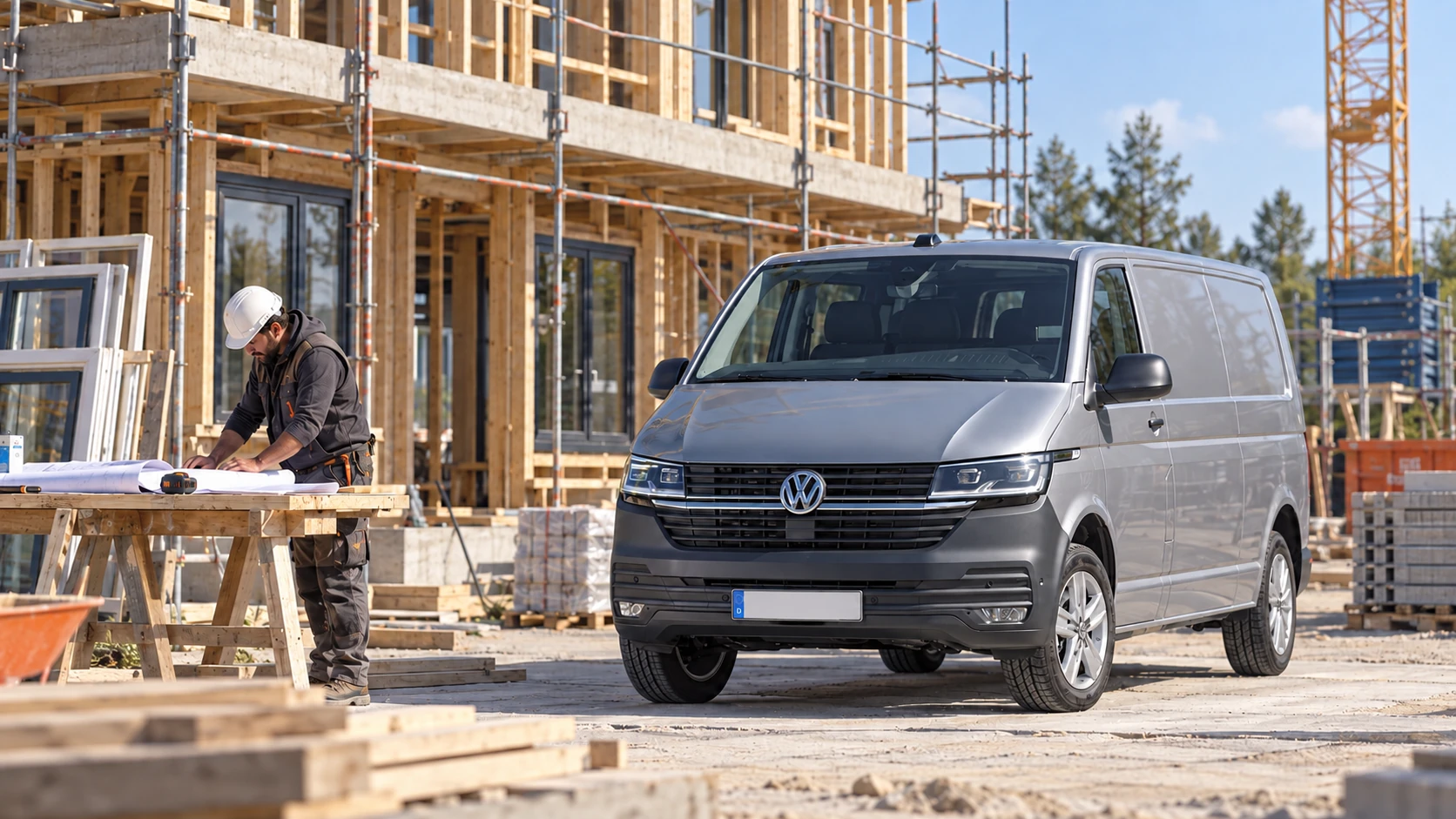 AI-sfeerbeeld van een aannemer en Volkswagen Transporter T6.1 bij een bouwproject.