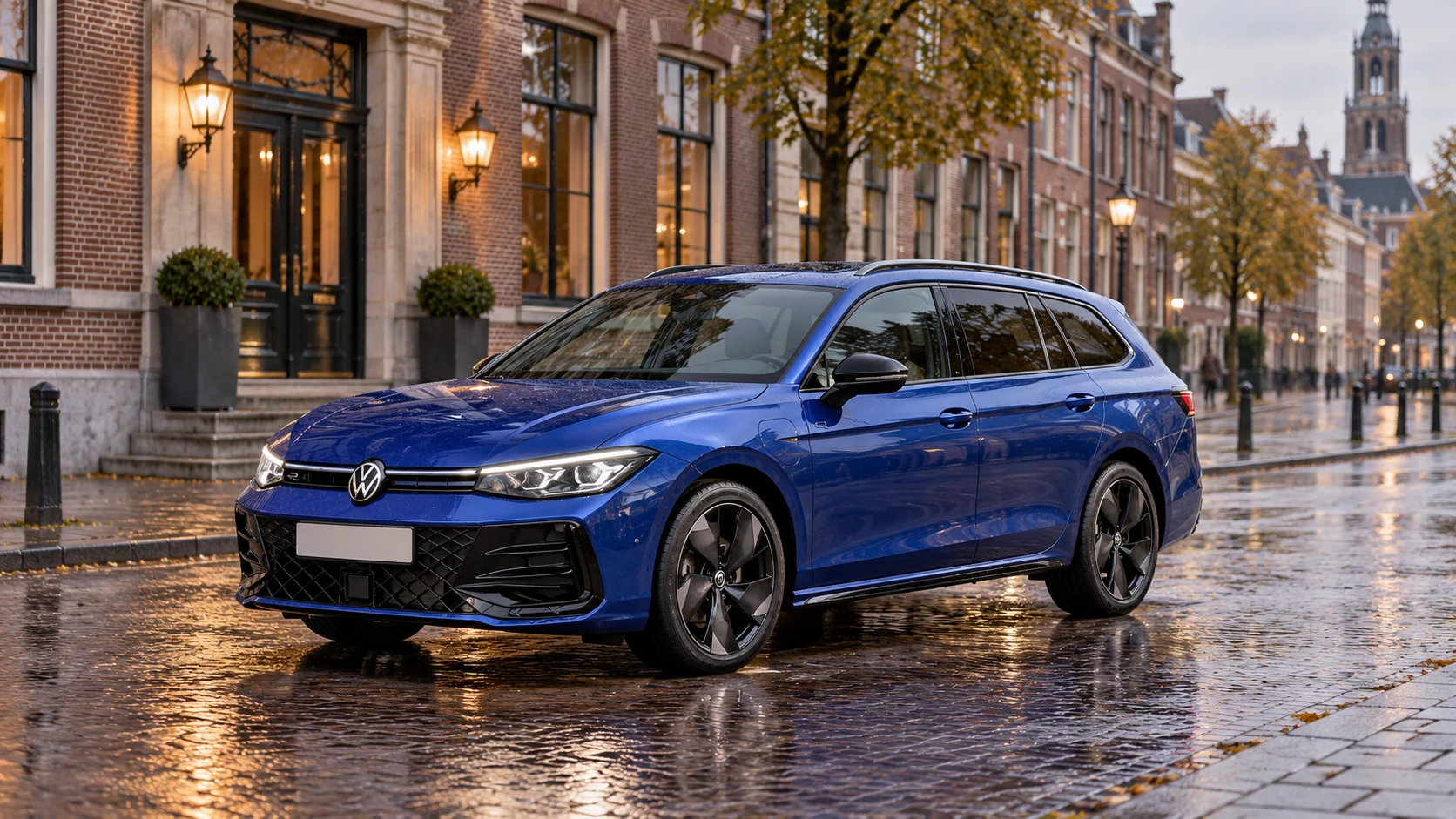 AI-sfeerbeeld van een Volkswagen Passat Variant B9 R-Line in een bakstenen stadsstraat.