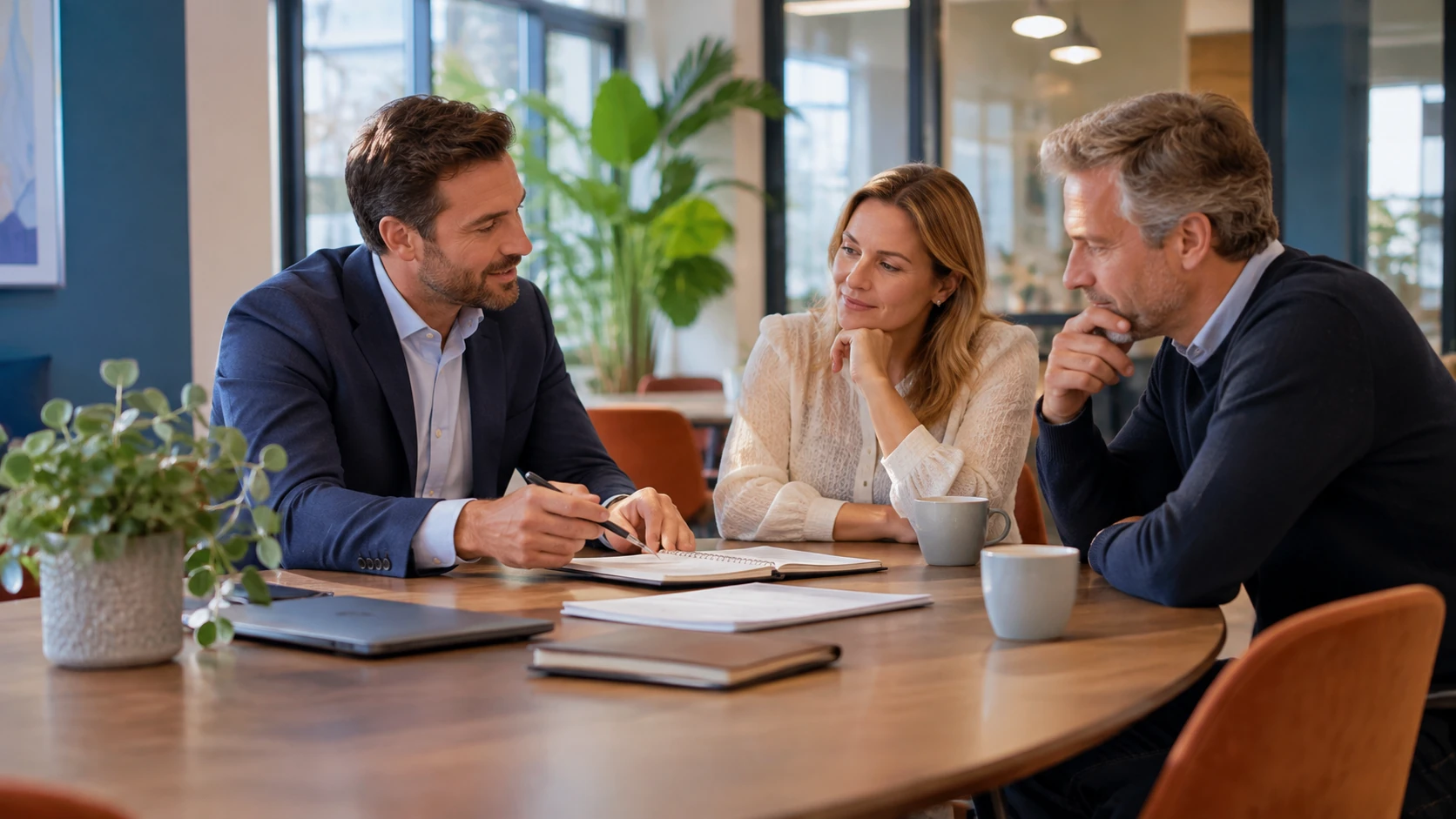 AI-sfeerbeeld van een consultant tijdens een zakelijke werkbespreking.