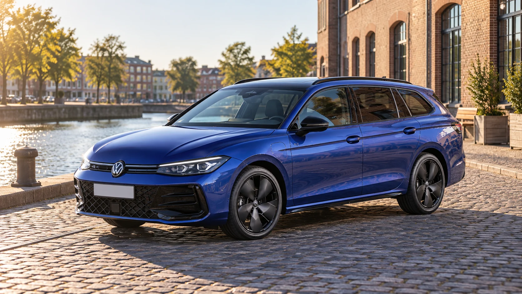 AI-sfeerbeeld van een Volkswagen Passat Variant B9 R-Line aan een stedelijke kade.