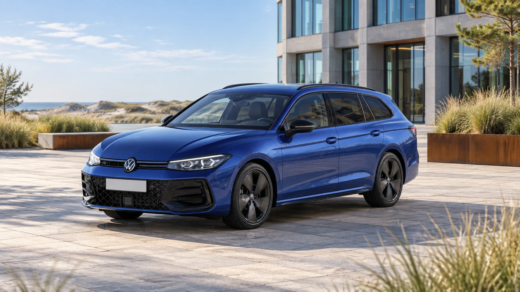 AI-sfeerbeeld van een Volkswagen Passat Variant B9 R-Line bij een kantoorplein met duingrassen.