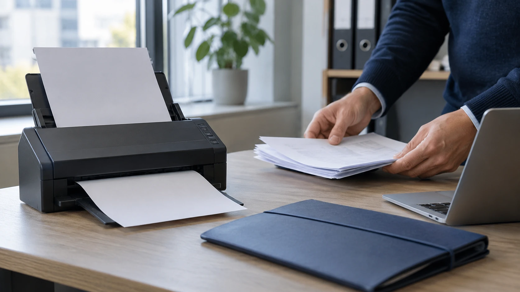 AI-illustratie van het ordenen en digitaliseren van zakelijke documenten