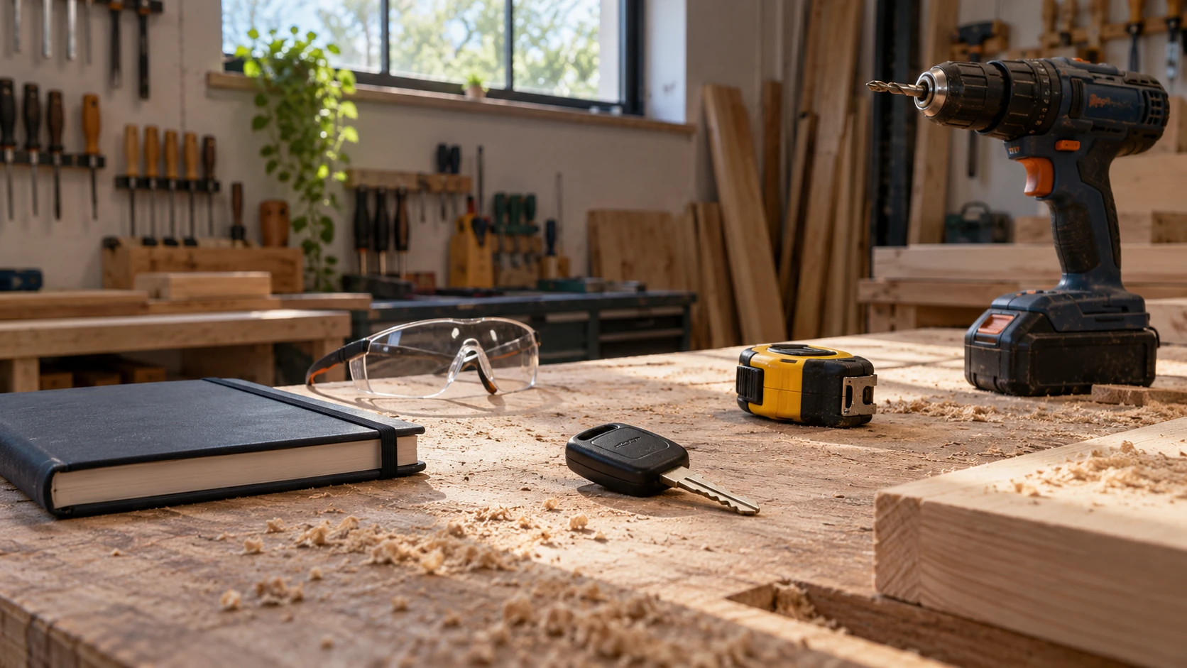 AI-illustratie van een werkbank van een zelfstandig ondernemer met gereedschap en autosleutel