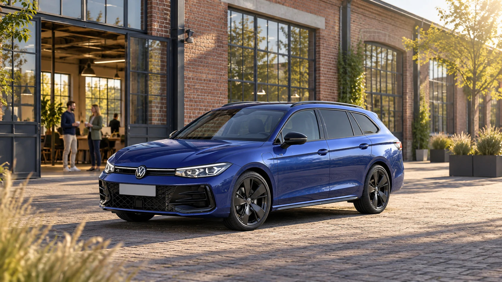 AI-sfeerbeeld van een Volkswagen Passat Variant B9 R-Line bij een bakstenen bedrijfsgebouw.