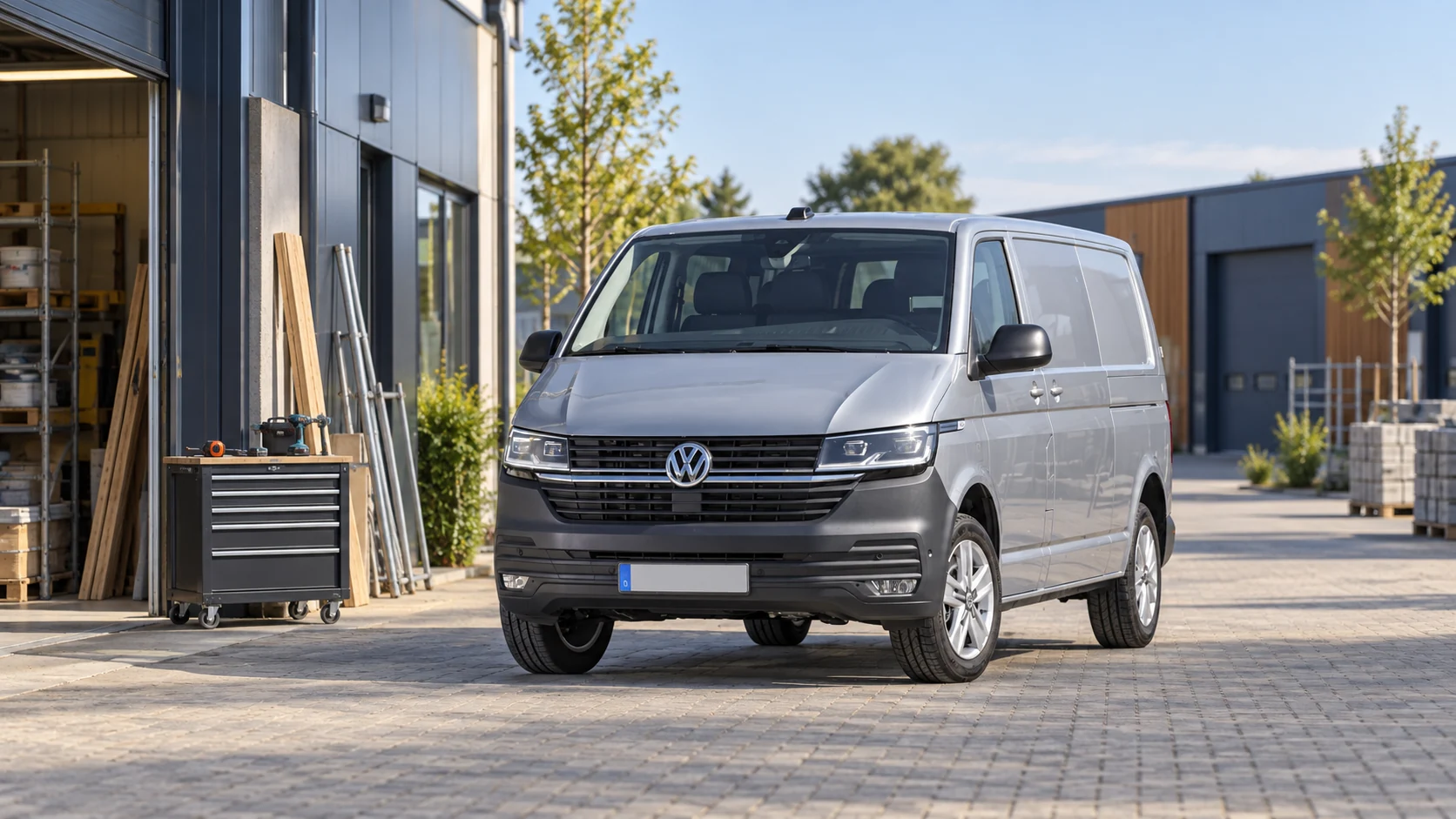 AI-sfeerbeeld van een Volkswagen Transporter T6.1 met lange wielbasis op een zakelijk werkplein.