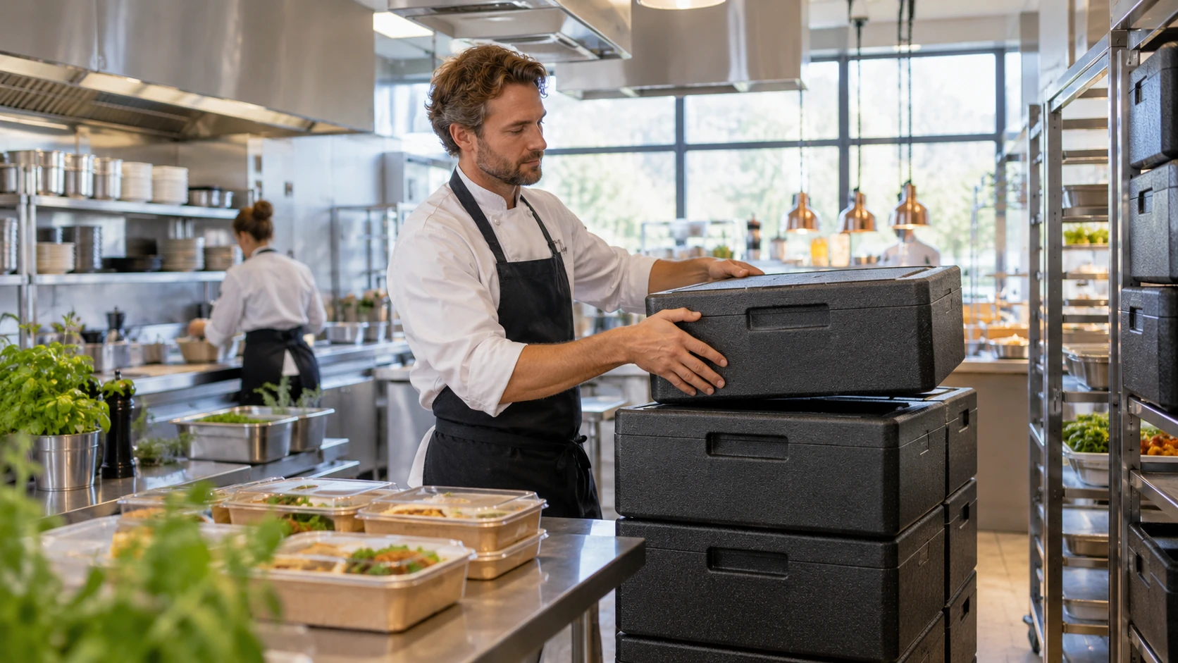 AI-sfeerbeeld van een cateraar die ge&iuml;soleerde transportboxen in een keuken klaarzet.