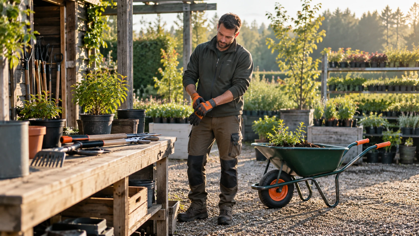 AI-sfeerbeeld van een hovenier die gereedschap voorbereidt bij een groenwerkplaats.
