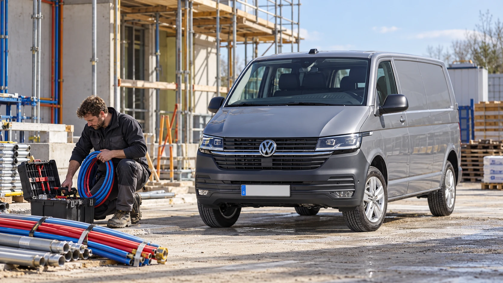 AI-sfeerbeeld van een installateur met gereedschap naast een Volkswagen Transporter T6.1.