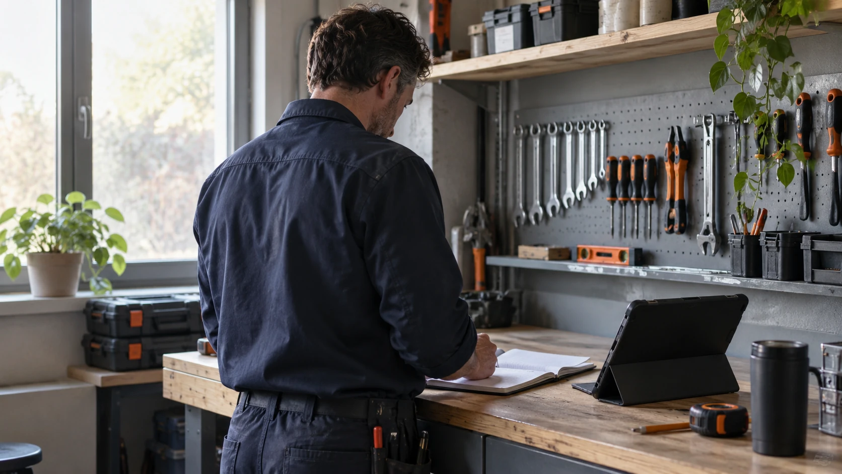 AI-illustratie van een ondernemer die werkzaamheden en bedrijfsgegevens voorbereidt