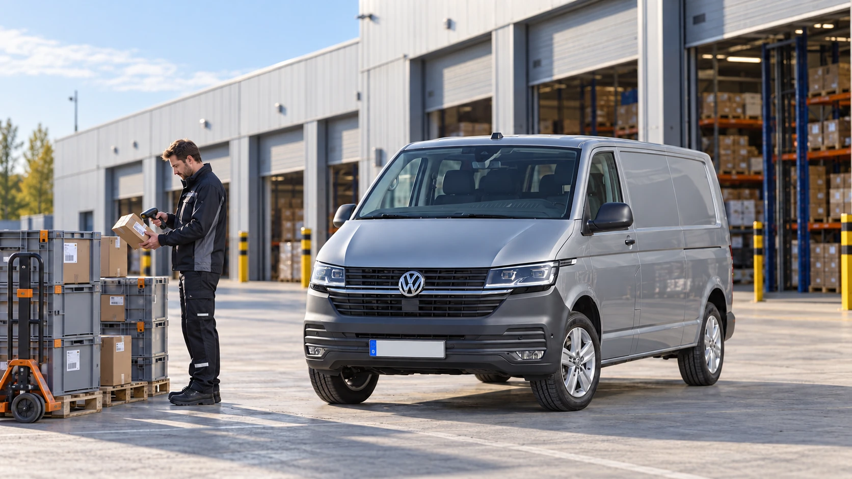AI-sfeerbeeld van een koerier en Volkswagen Transporter T6.1 op een logistiek werkplein.