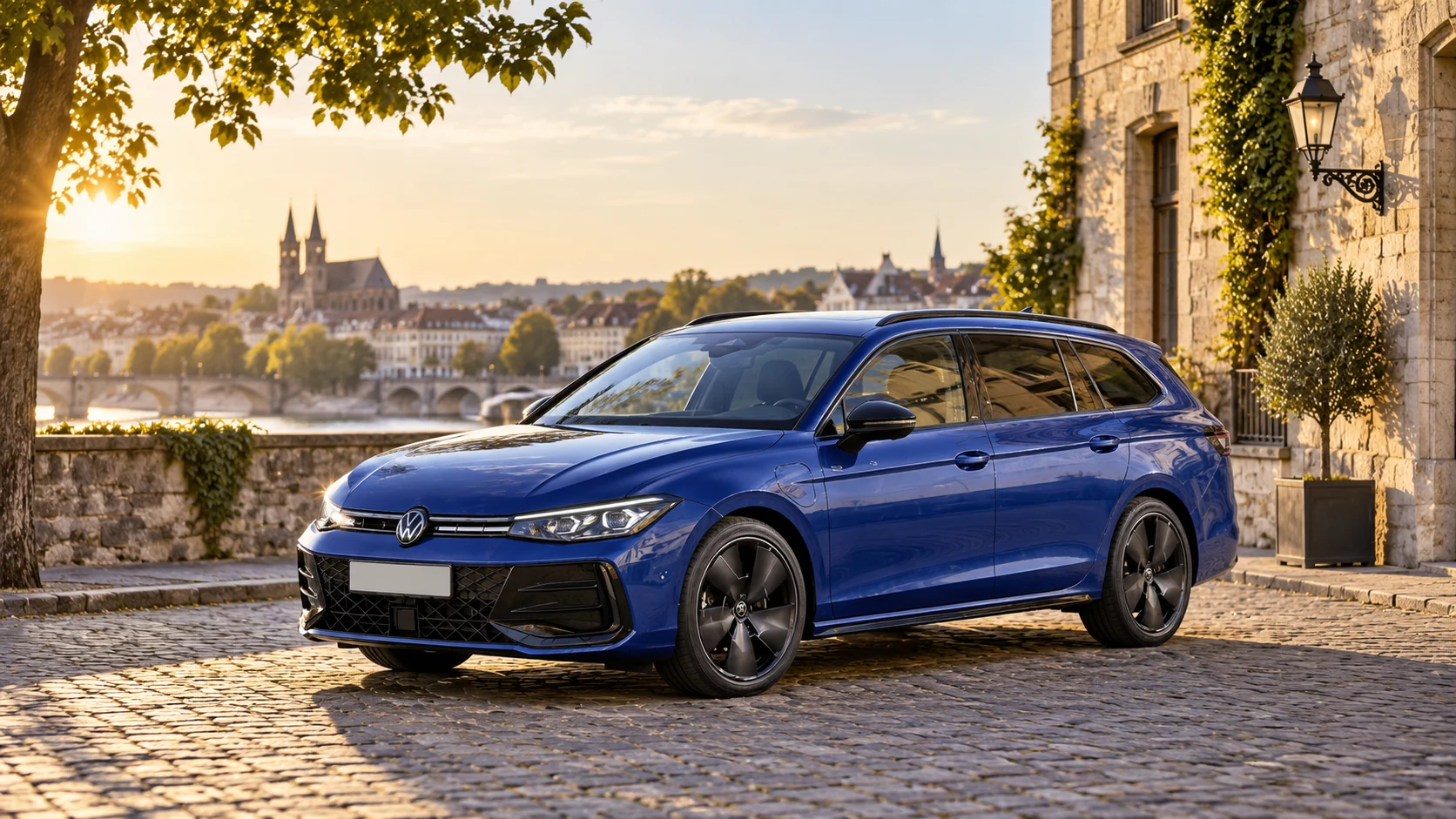AI-sfeerbeeld van een Volkswagen Passat Variant B9 R-Line bij natuurstenen stadsarchitectuur.