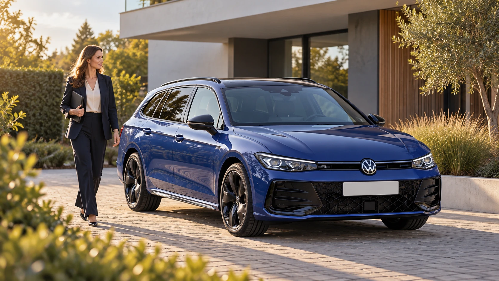 AI-sfeerbeeld van een makelaar naast een Volkswagen Passat Variant bij een woning.