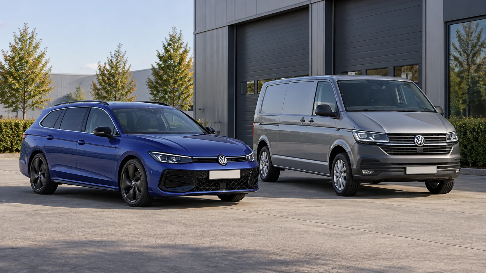 AI-bewerking van een Volkswagen Passat Variant en Transporter T6.1 als zakelijke voertuigen