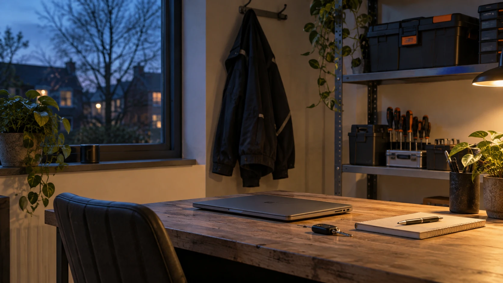 AI-illustratie van een thuiswerkplek voor ondernemen naast een baan