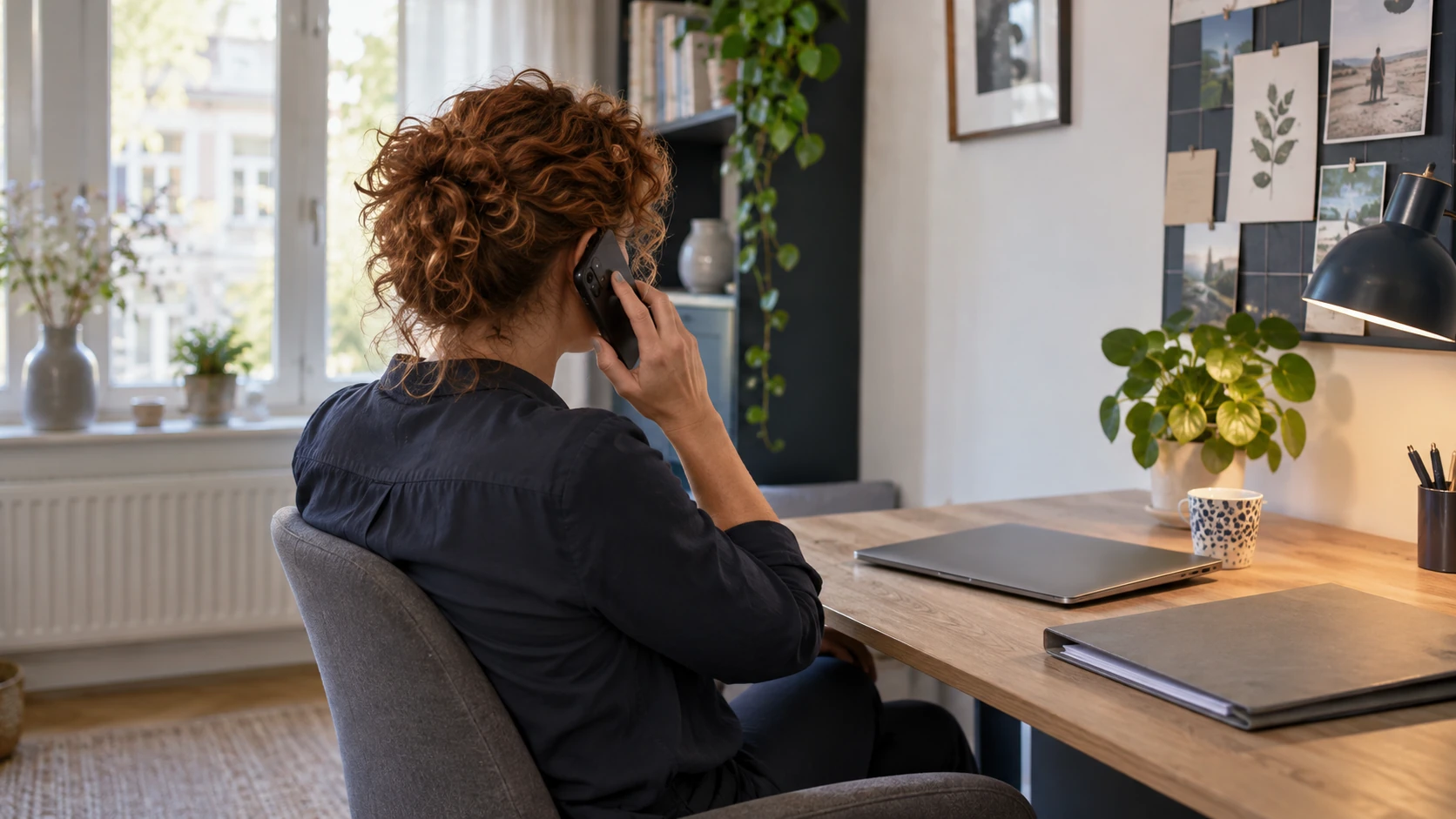 AI-illustratie van een ondernemer die telefonisch hulp zoekt bij een financi&euml;le vraag