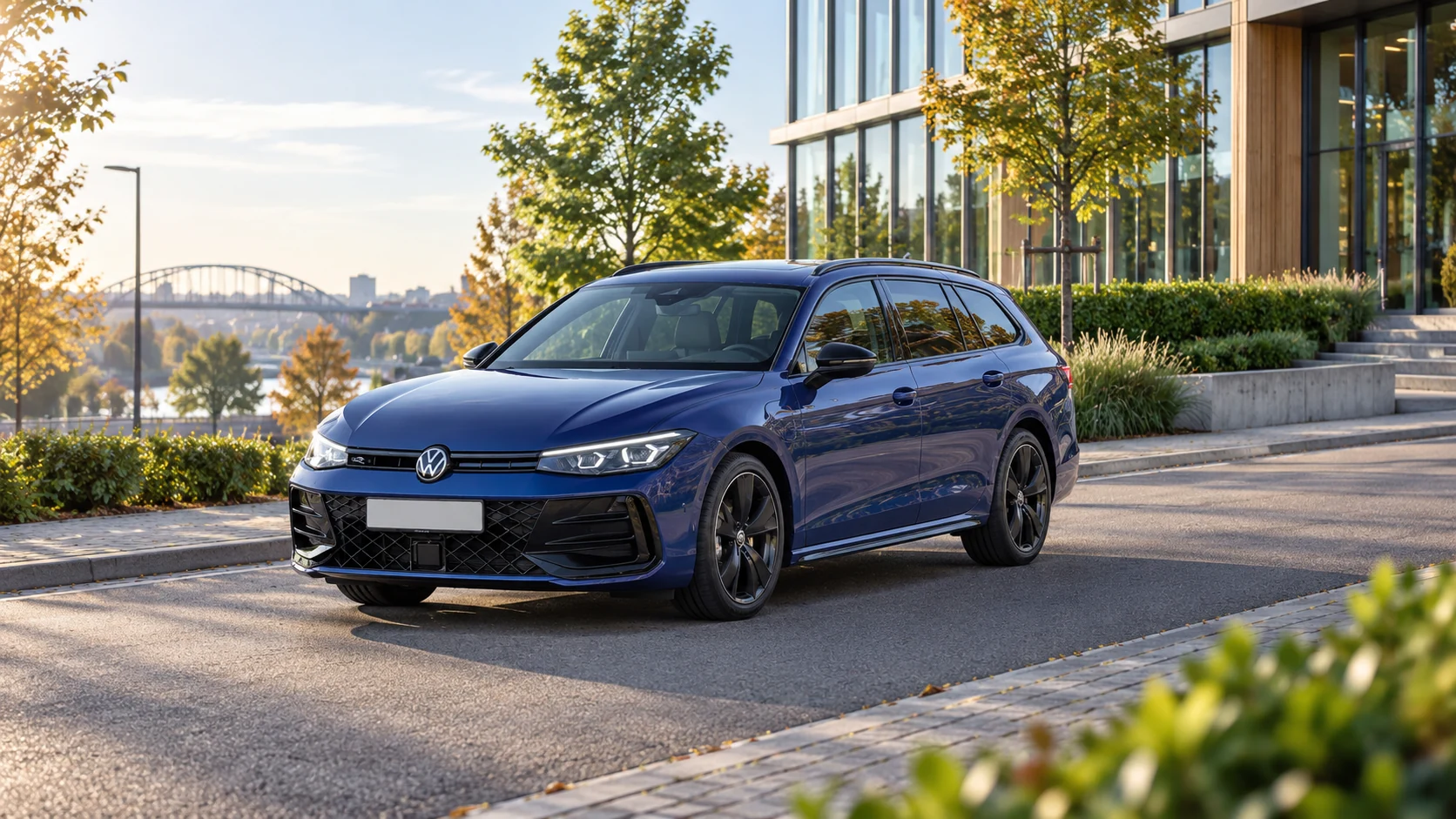 AI-sfeerbeeld van een Volkswagen Passat Variant B9 R-Line op een groene stadsrandstraat.